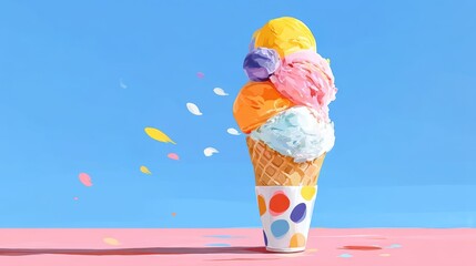 ice cream cone, bright and natural colors, pop art, dots, pure color blocks,