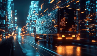 Futuristic truck speeds through a vibrant, digital city at night
