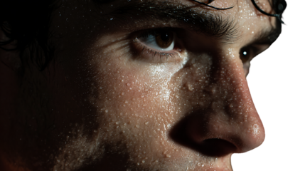 Intense Close-Up of a Determined Male Athlete with Sweat Reflecting Light on His Focused Face