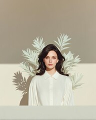 Serene Woman in White Shirt with Cream Background and Leaf Shadows