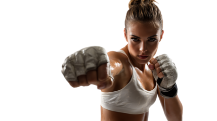 Strong Female Boxer Training with Focused Expression and Dynamic Punching Stance on Black Background