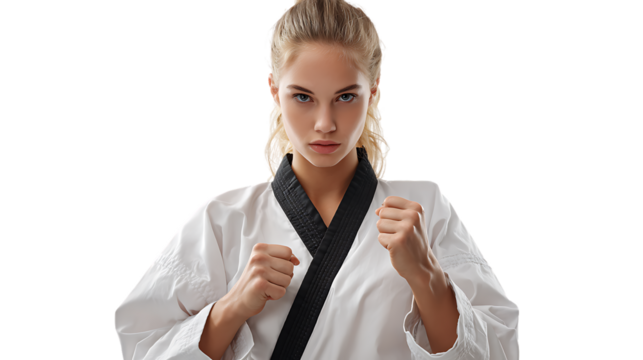 Confident Female Martial Artist Practicing Karate Movements with Determination and Focus