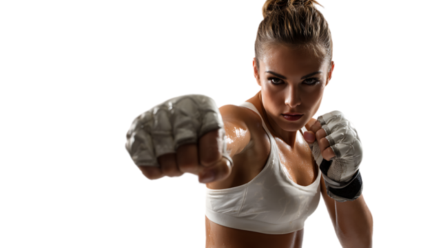 Strong Female Boxer Training with Focused Expression and Dynamic Punching Stance on Black Background