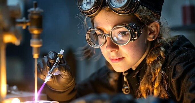 Young woman with blonde hair, wearing steampunk goggles and black gloves, conducts a scientific experiment.  Warm lighting illuminates her focused expression as she works