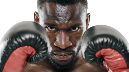 Intense Close-up of Male Boxer Preparing for Match with Focused Expression and Boxing Gloves Raised High