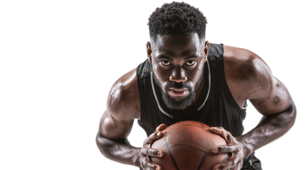 Intense Male Basketball Player Focused on Game Action with Basketball in Hands, Word on Court Background