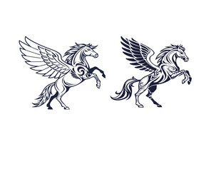 Obraz premium Winged Tribal Horse Vector | Stylish Pegasus Tattoo Design | Black & White Art Illustration