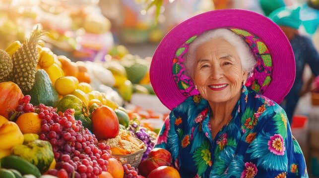 Vibrant smile at the Market: An aged woman with a sunny disposition is captured amidst a colourful array of fruit at a farmer's market.
