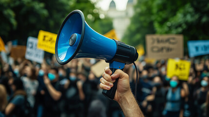  Hand Holding Blue Megaphone with Protest Crowd.
