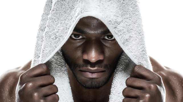 Intense Close-up Portrait of a Male with a Towel, Showcasing Strength and Determination on a Black Background