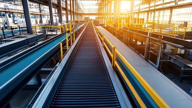 Long View of Industrial Factory Conveyor System With Sunlight and Metal Elements