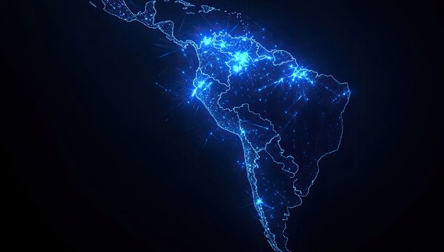 Central and South America map, glowing network
