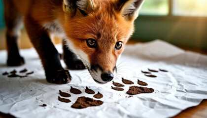 Curious red fox sniffing paw prints on a sheet of paper in a bright indoor setting
