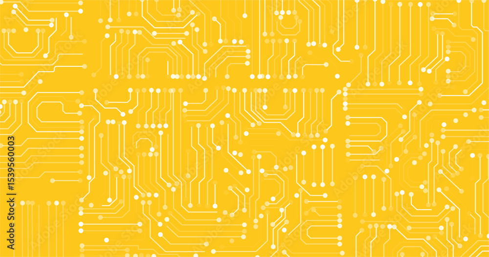 Poster electronic circuit board photo. white line and dots isolated on yellow background. technology circui