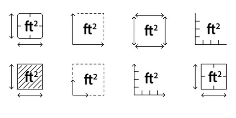 FT2 symbol representing square feet. Vector outline icon for space dimension, land area, house layout, or real estate measurement