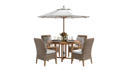 Outdoor patio dining set with umbrella and wicker chairs
