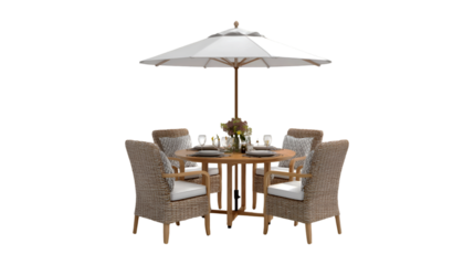 Outdoor patio dining set with umbrella and wicker chairs