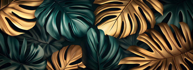 Gold and green monstera leaves background