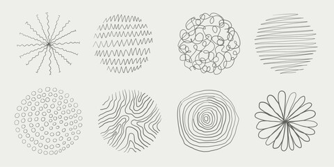 Hand drawn vector doodles of circular bubble shapes. Abstract modern sketch circles and black pen graffiti elements. Contemporary line art isolated on white background. Trendy round design set.