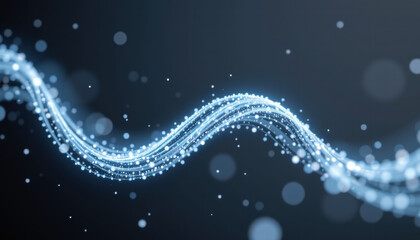 Flowing wave of luminous particles creates mesmerizing visual effect, showcasing blend of light and motion in dark background. This evokes sense of tranquility and elegance