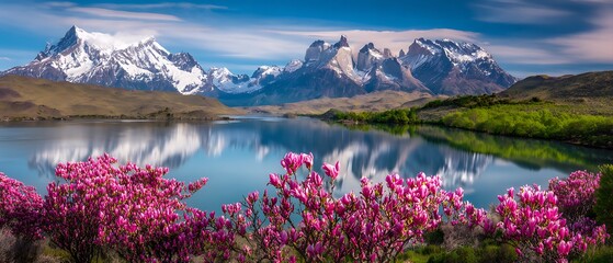 Serene mountain lake reflecting a vibrant sky and blossoming trees.