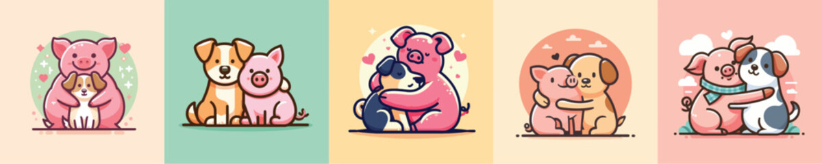 image vector pig and dog hugging flat design