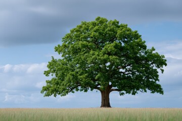 Fototapeta premium Large oak tree standing alone in an open field