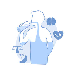 Man drinking water for hydration, health and self care. Flat style wellness concept with brain, heart, sleep icons. Isolate on a white background.
