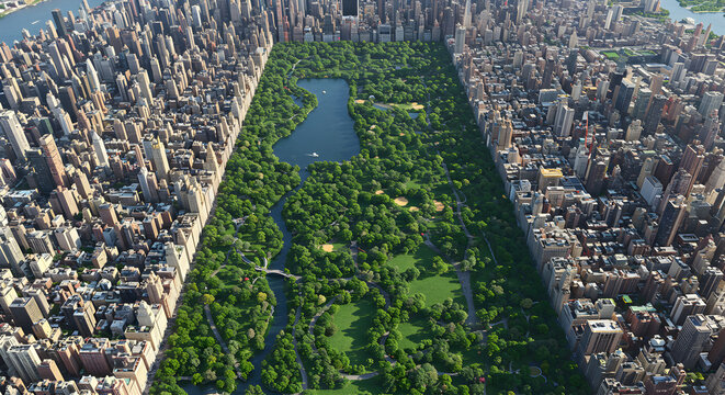 Aerial View of Central Park, Manhattan: A Green Oasis Amidst Urban Density - Powered by Adobe