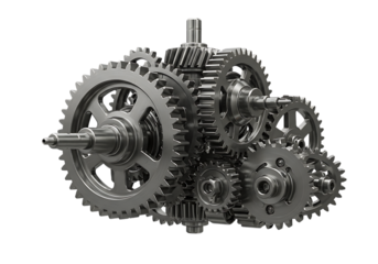 Detailed close up rendering of complex mechanical gears assembled in three dimensions