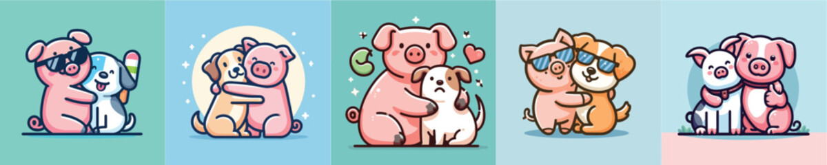 image vector pig and dog hugging flat design
