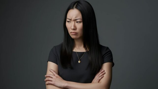 Asian woman shaking her head negatively with crossed arms, expressing refusal