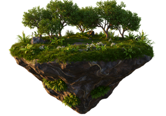 A floating island with lush greenery trees grass flowers and detailed rock formation