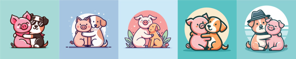 image vector pig and dog hugging flat design