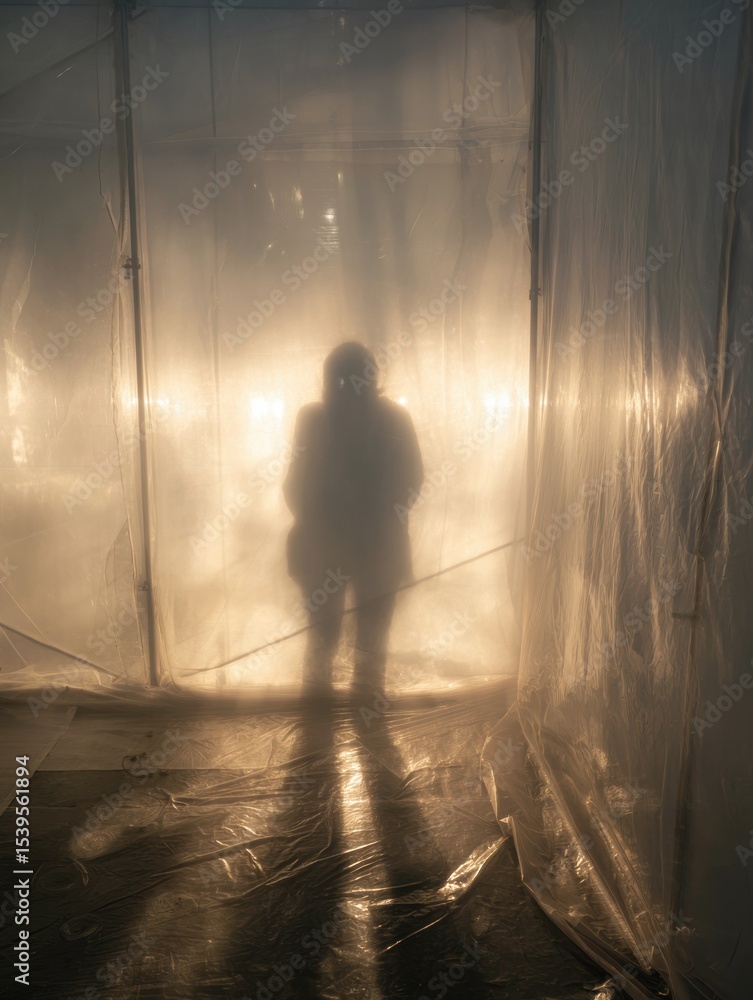 Aufkleber Silhouette of a Shadow Figure Behind a Translucent Screen With Glowing Light in a Dimly Lit Space