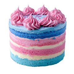 Obraz na płótnie Canvas Colorful layered cake with pink and blue frosting representing celebration isolated on transparent background.