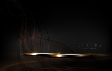 Illustration with an exquisite round podium with wavy ribbons in golden shades.