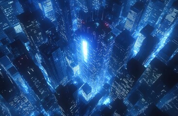 High-angle view of a futuristic city, glowing blue skyscrapers