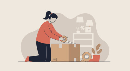 Woman Packing Boxes for Moving or Relocation