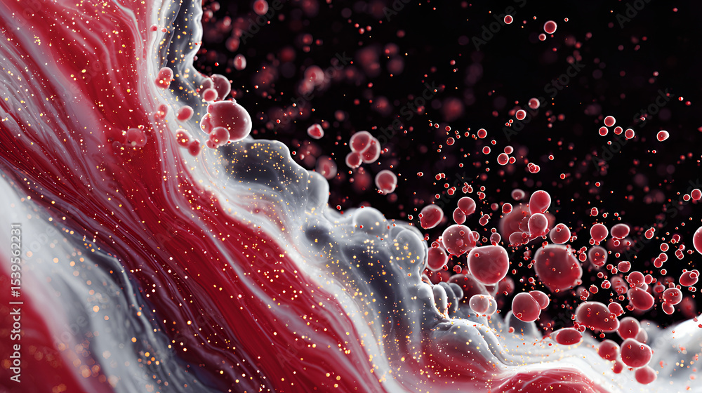 Poster abstract red and white fluid splash with particles on dark background
