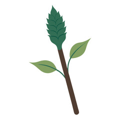 Minimalist botanical illustration of burdock root with green leaves and stem.eps