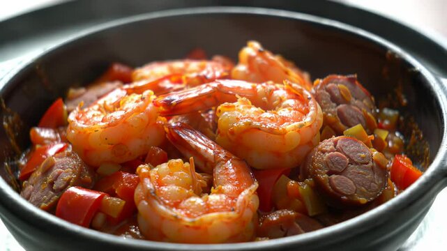 Spicy shrimp and andouille sausage simmering in a flavorful sauce.