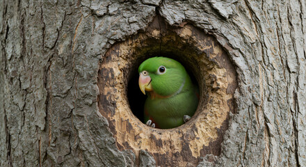 A Green Parrot Peeking from its Tree Hollow Home