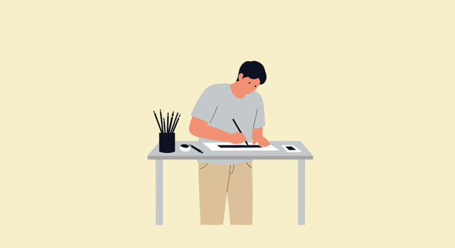 Digital Artist Creating Artwork at Desk, Illustration