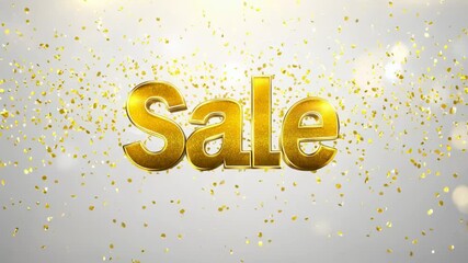 Animated luxury gold sale text shines elegantly on a white and golden bokeh background. sophisticated design is perfect for retail promotions, discount events, social media marketing of premium sales.