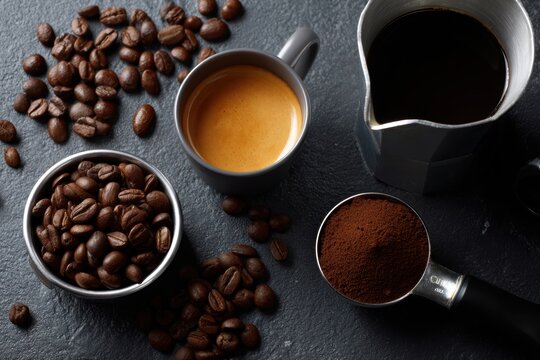 Flat lay of assorted coffee beans, cups of espresso, and coffee-making tools on a dark textured surface, emphasizing warmth and aroma