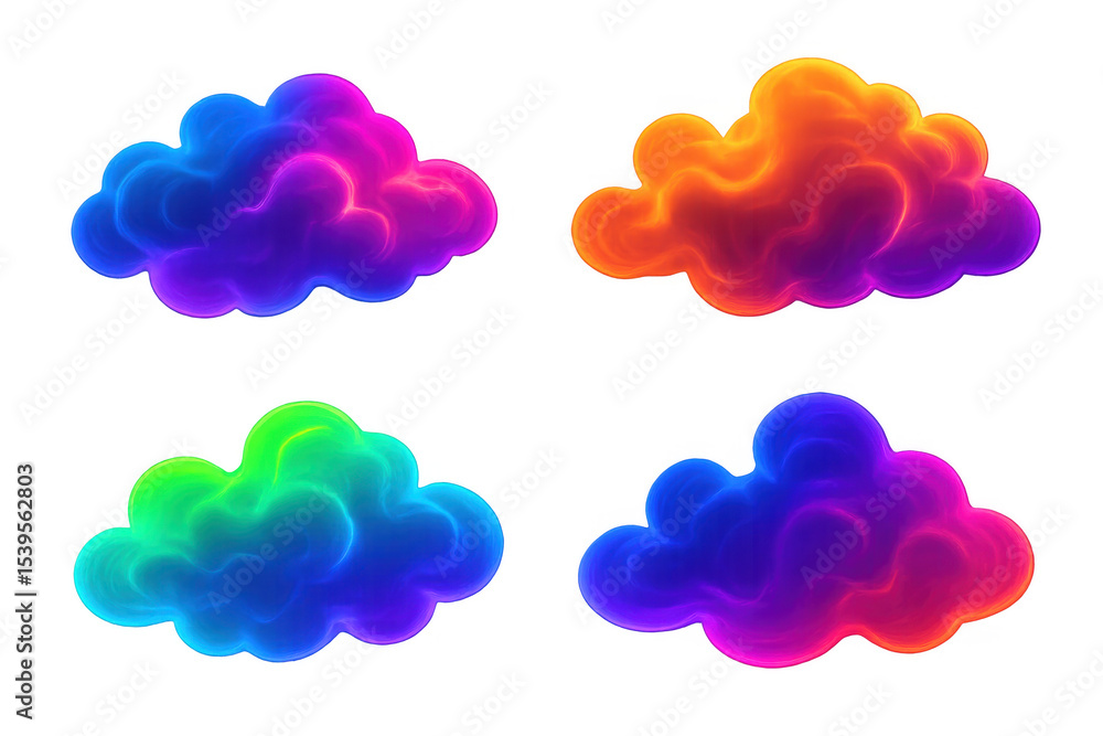 Poster four colorful glowing clouds floating on a transparent background, creating a vibrant and dreamy atm