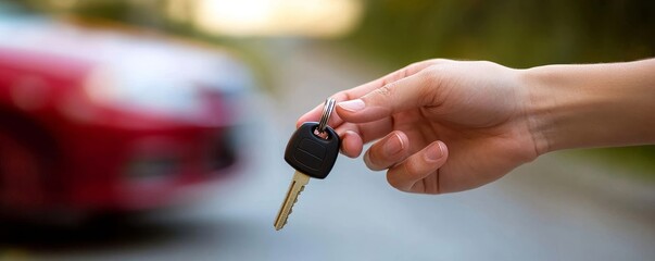 Fototapeta premium Car rental service concept: Close-up of a rental agent handing over the car keys to a customer after signing the rental contract., Generative AI