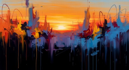 Obraz premium Abstract painting depicting a vibrant sunset over a city skyline.