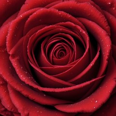 A close up shot of a vibrant red rose with water droplets on its velvety petals in full bloom and display